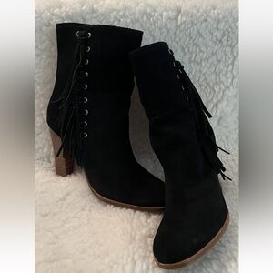Coach Size 10B Black Tamsin Suede Leather Fringe Ankle Boots with Stacked Heel